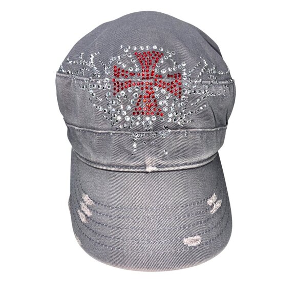 VTG Y2K Embellished Rhinestone Distress Field Cap Grey Canvas Hook/Loop #b - Picture 1 of 7